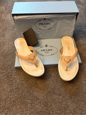 Prada Beige Leather Thong Sandals with Gold Triangle Logo